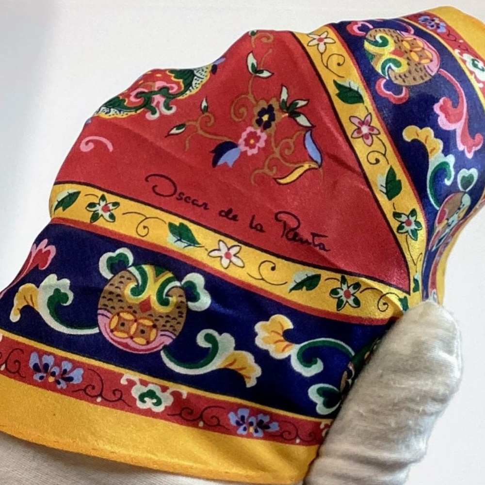 Vintage 70s Oscar De La Renta Silk Skinny Bias Chinoiserie Scarf
